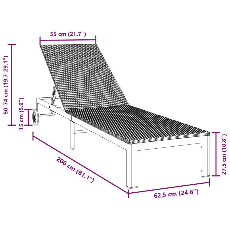 Leżak 1-osoba Czarny 206 x 62.5 x 74 cm polirattan