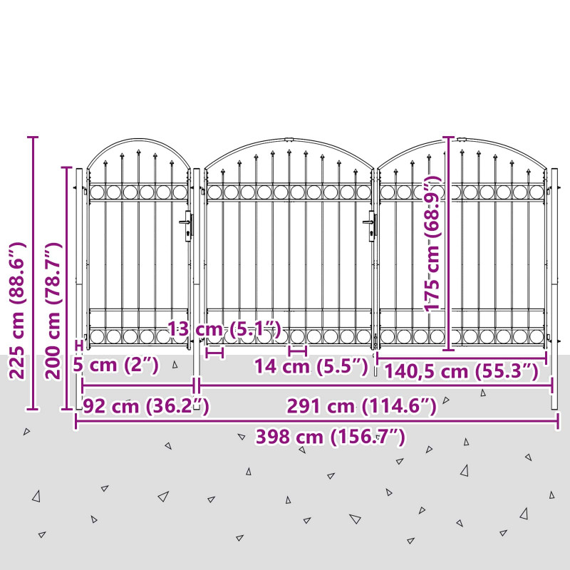 Brama ogrodowa z łukowym szczytem Assen Szary 400 x 125 cm Stal