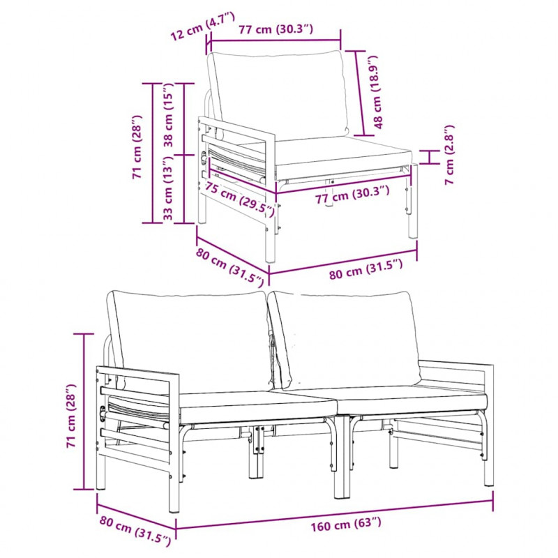 Meble Ogrodowe z poduszką 2 pcs Antracyt 80 x 80 x 71 cm Stal
