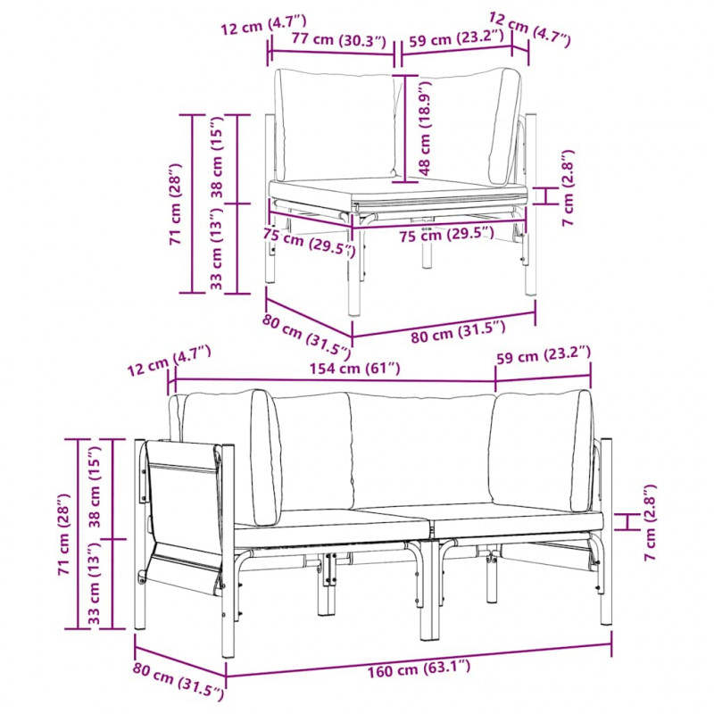 Meble Ogrodowe z poduszką 2 pcs Antracyt 80 x 80 x 71 cm Stal