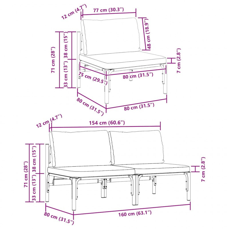 Meble Ogrodowe z poduszką 2 pcs Antracyt 80 x 80 x 71 cm Stal