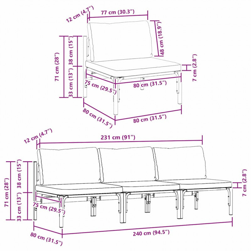 Meble Ogrodowe z poduszką 3 pcs Antracyt 80 x 80 x 71 cm Stal