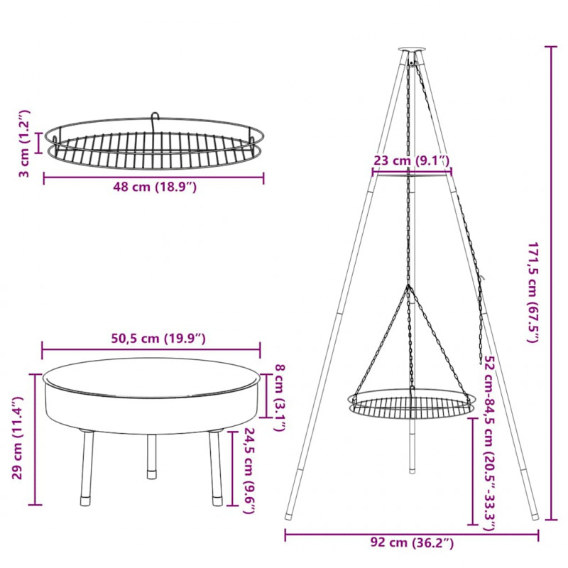 Tripod na ognisko 3 pcs Czarny Stal