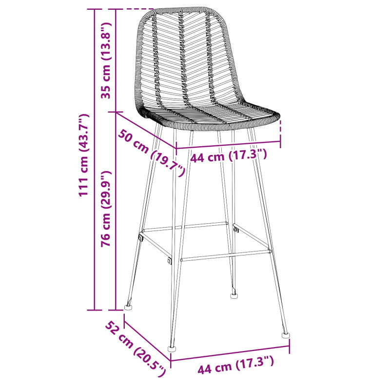 Krzesło barowe 2 pcs Czarny 44,5 x 53 x 111 cm Rattan i żelazo