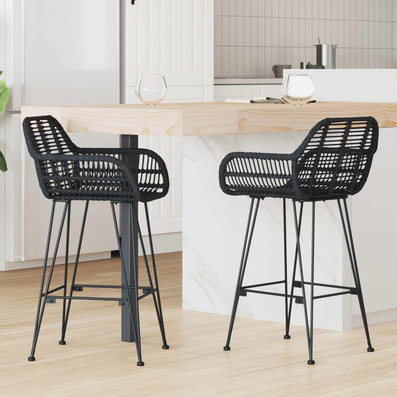Krzesło barowe 2 pcs Czarny 55 x 52 x 92 cm Rattan i żelazo