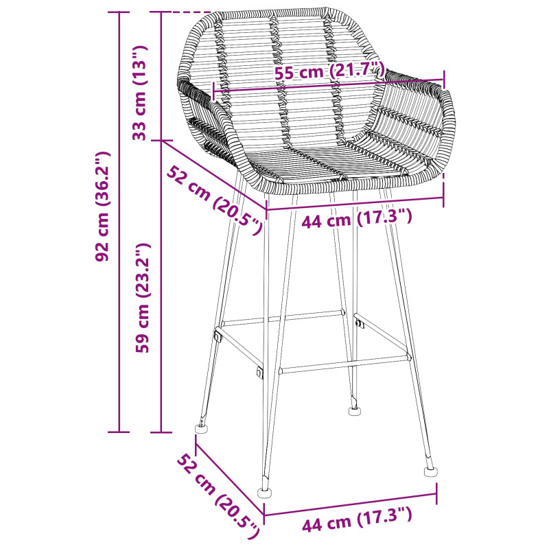 Krzesło barowe 2 pcs Czarny 55 x 52 x 92 cm Rattan i żelazo