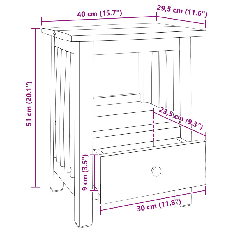 Stolik nocny Brązowy 30 x 30 x 47 cm Lite Drewno Recyklingowe