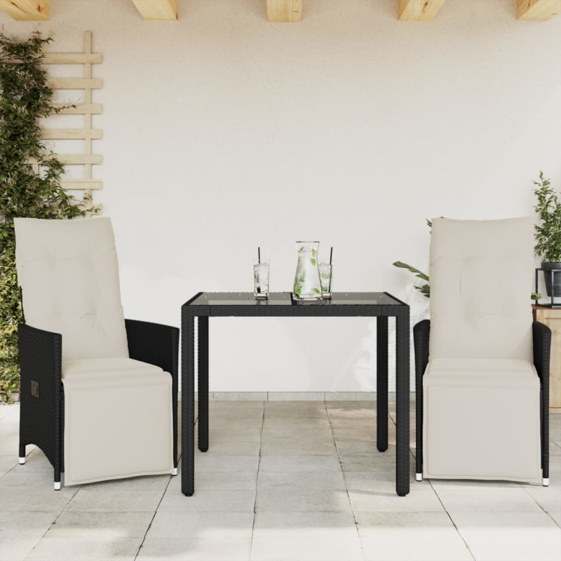 3-cz. zestaw mebli bistro z poduszkami, czarny, polirattan