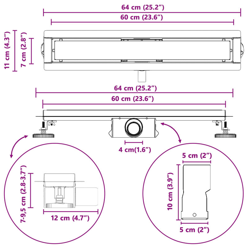 2 w 1 Odwodnienie prysznicowe Srebrny 60 cm Stal nierdzewna 304
