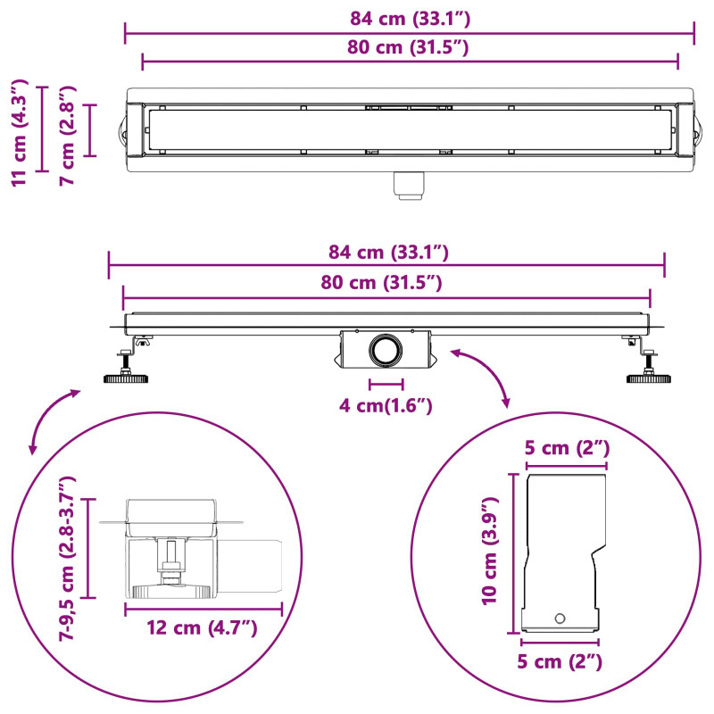2 w 1 Odwodnienie prysznicowe Srebrny 80 cm Stal nierdzewna 304