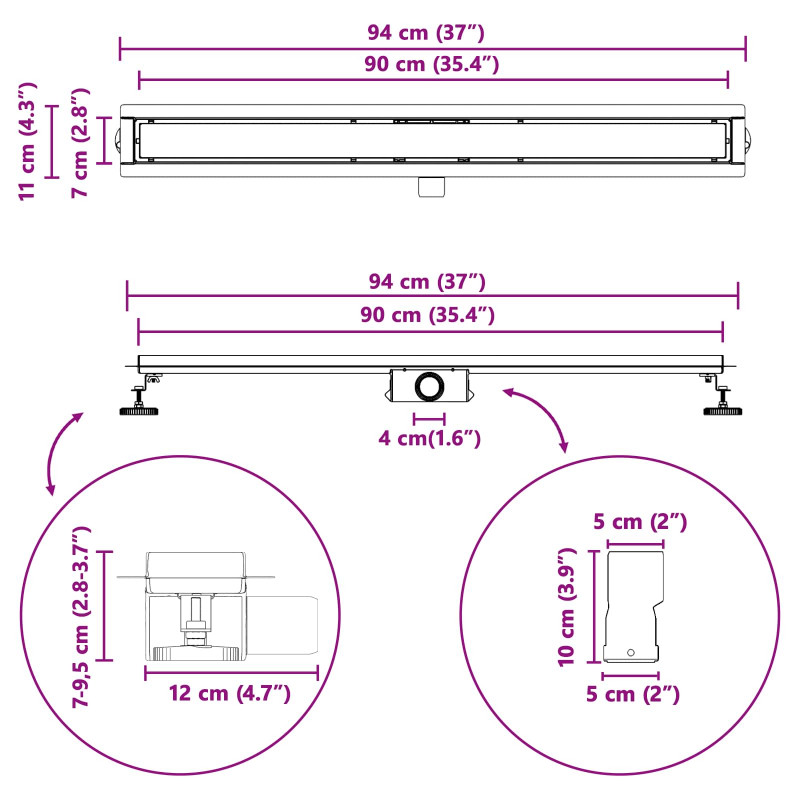 2 w 1 Odwodnienie prysznicowe Srebrny 90 cm Stal nierdzewna 304