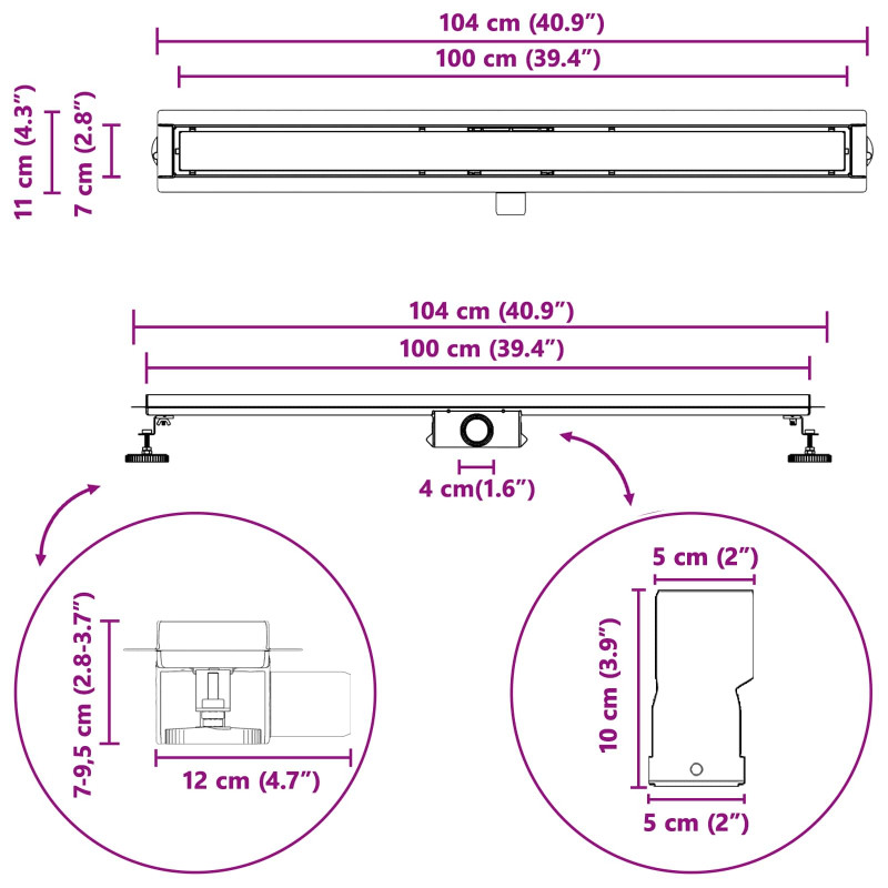 2 w 1 Odwodnienie prysznicowe Srebrny 100 cm
