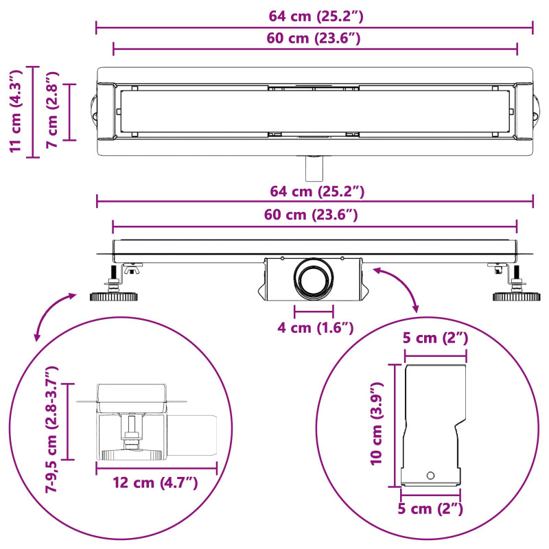 2 w 1 Odwodnienie prysznicowe Czarny 60 cm Stal nierdzewna 304