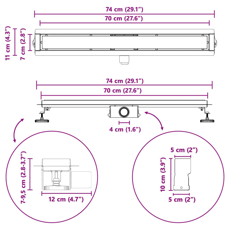 2 w 1 Odwodnienie prysznicowe Czarny 70 cm Stal nierdzewna 304