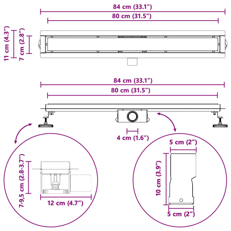 2 w 1 Odwodnienie prysznicowe Czarny 80 cm Stal nierdzewna 304