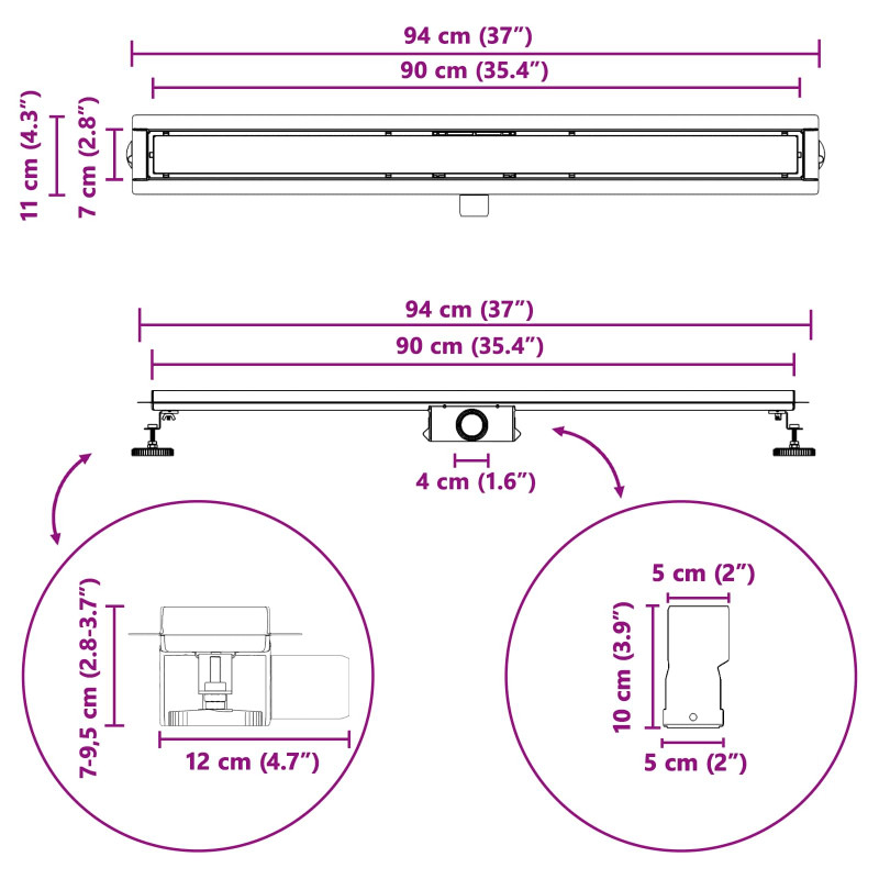 2 w 1 Odwodnienie prysznicowe Czarny 90 cm Stal nierdzewna 304