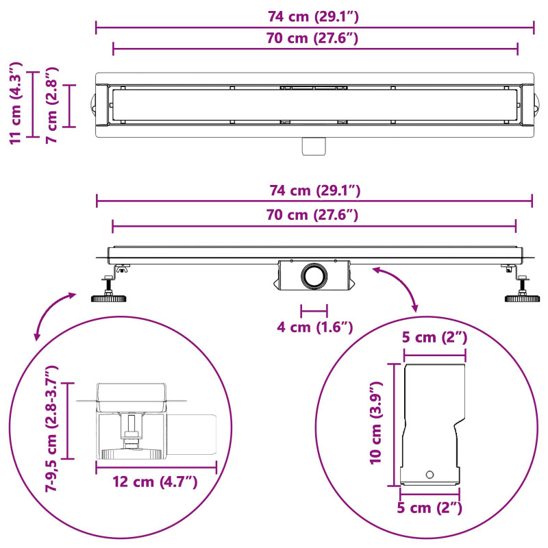 Odwodnienie prysznicowe z osłoną szklaną Czarny 70 cm