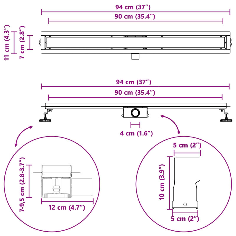 Odwodnienie prysznicowe z osłoną szklaną Czarny 90 cm