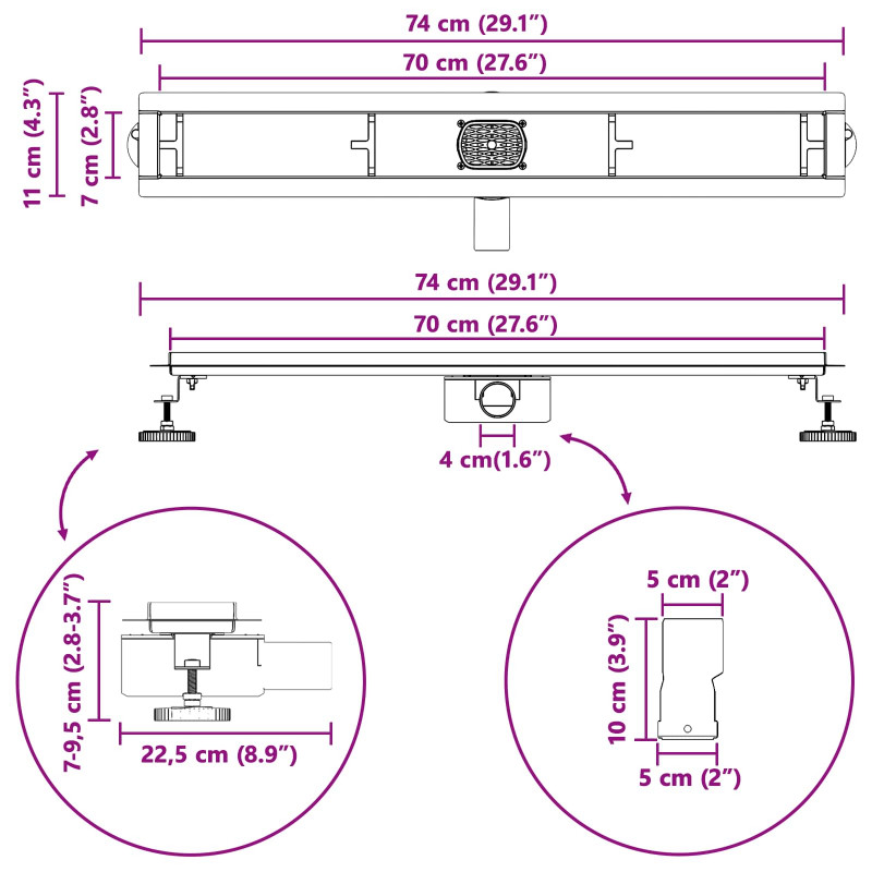 Odpływ prysznicowy 2 w 1 z syfonem 360° Srebrny 70 cm