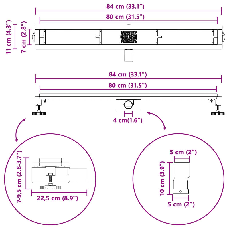 Odpływ prysznicowy 2 w 1 z syfonem 360° Srebrny 80 cm