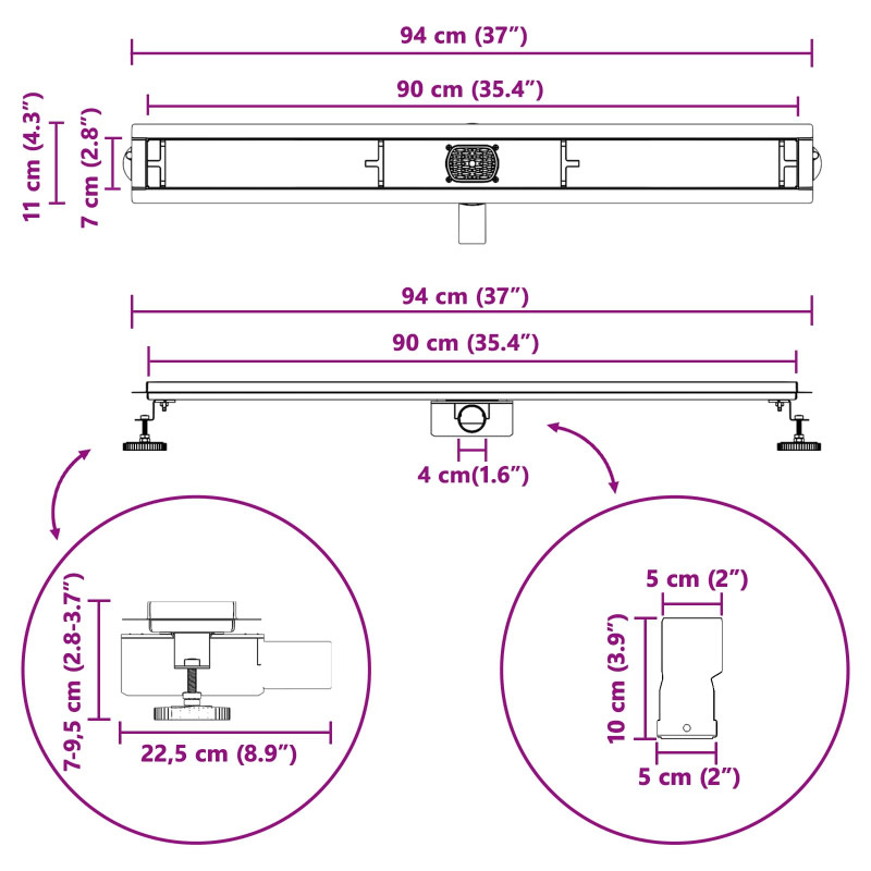 Odpływ prysznicowy 2 w 1 z syfonem 360° Srebrny 90 cm