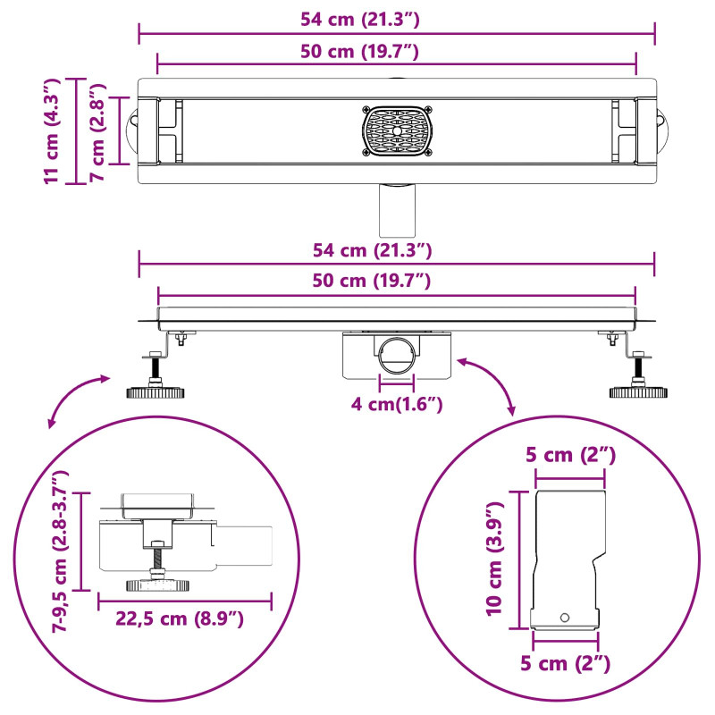 Odpływ prysznicowy 2 w 1 z syfonem 360° Czarny 50 cm