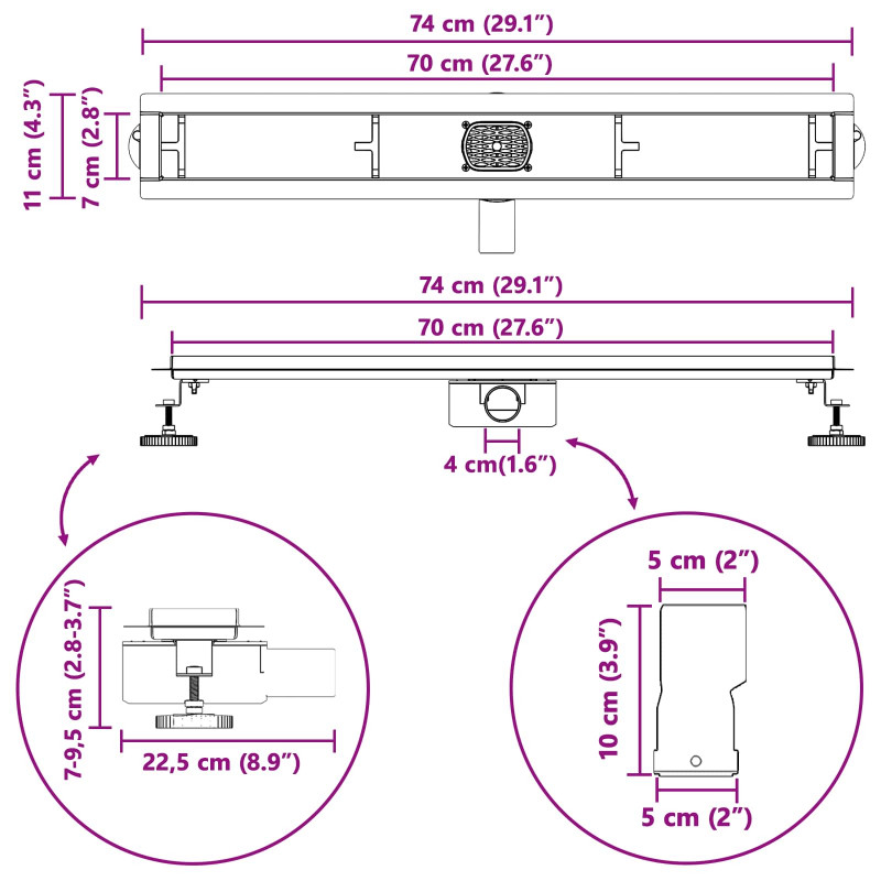 Odpływ prysznicowy 2 w 1 z syfonem 360° Czarny 70 cm