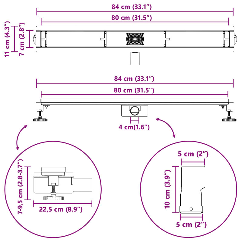 Odpływ prysznicowy 2 w 1 z syfonem 360° Czarny 80 cm