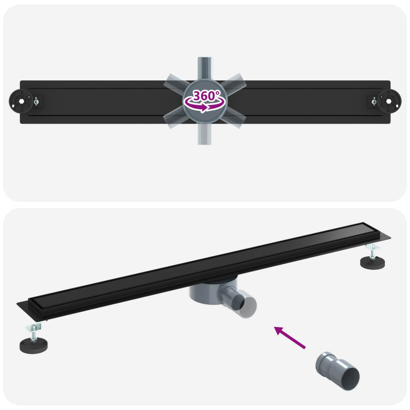 Odpływ prysznicowy 2 w 1 z syfonem 360° Czarny 90 cm
