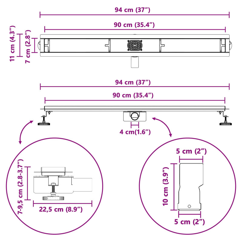 Odpływ prysznicowy 2 w 1 z syfonem 360° Czarny 90 cm