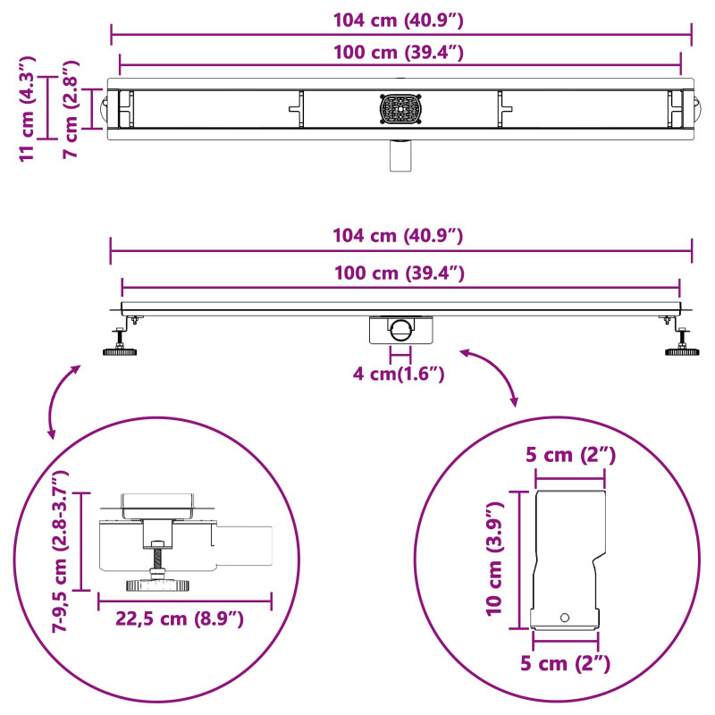 Odpływ prysznicowy 2 w 1 z syfonem 360° Czarny 100 cm