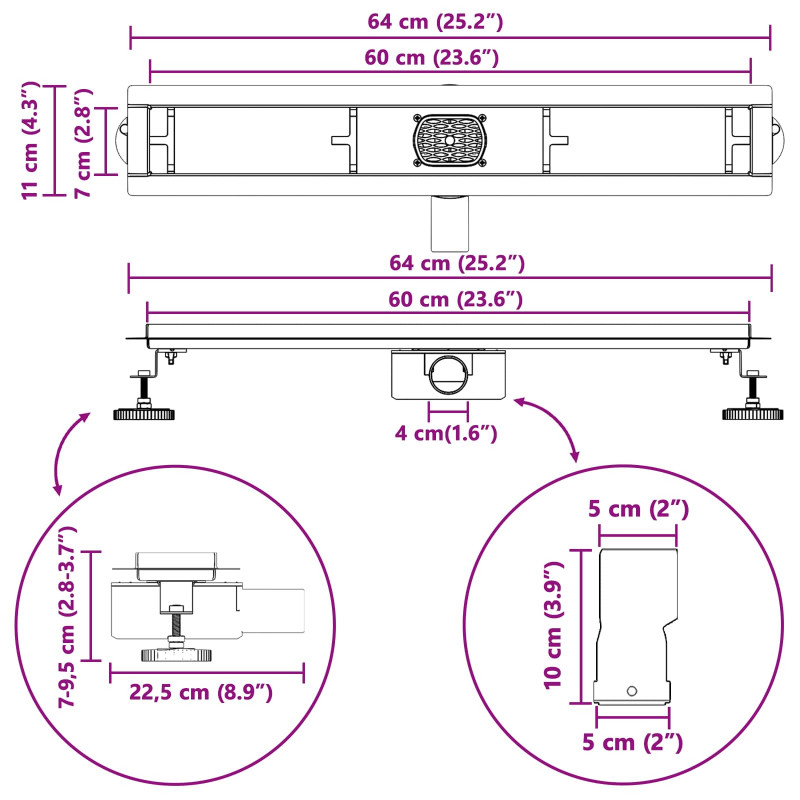 Odpływ prysznicowy z szklaną pokrywą i syfonem 360° 60 cm