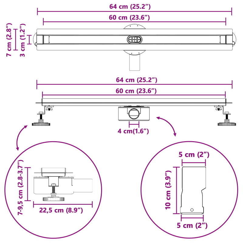 360° Odpływ prysznicowy z cienkim modelem Srebrny 60 cm