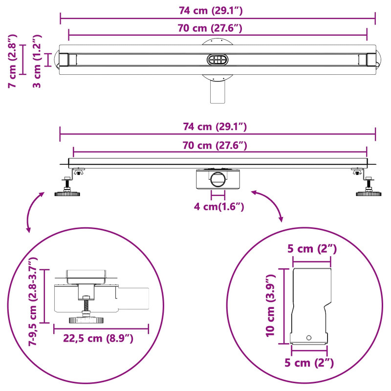 360° Odpływ prysznicowy z cienkim modelem Srebrny 70 cm