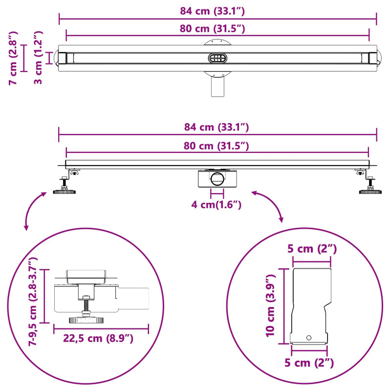 360° Odpływ prysznicowy z cienkim modelem Srebrny 80 cm