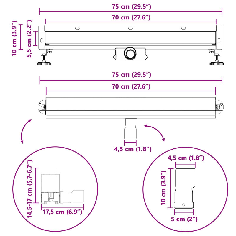 Odpływ prysznicowy montowany na ścianie Srebrny 70 cm