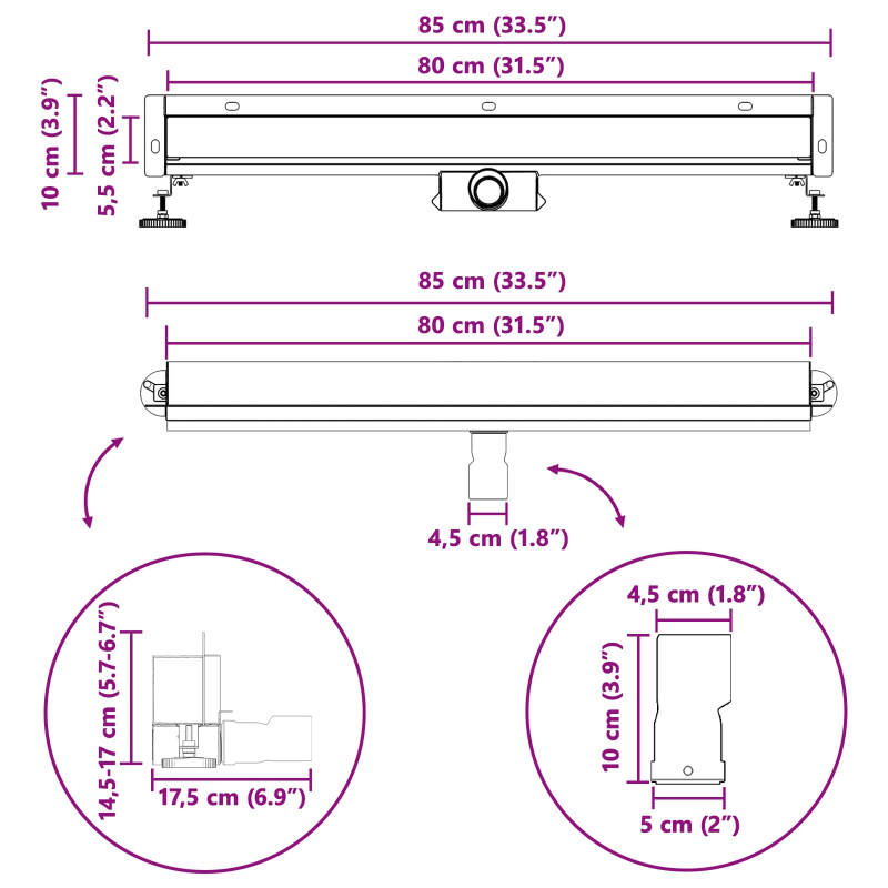 Odpływ prysznicowy montowany na ścianie Srebrny 80 cm