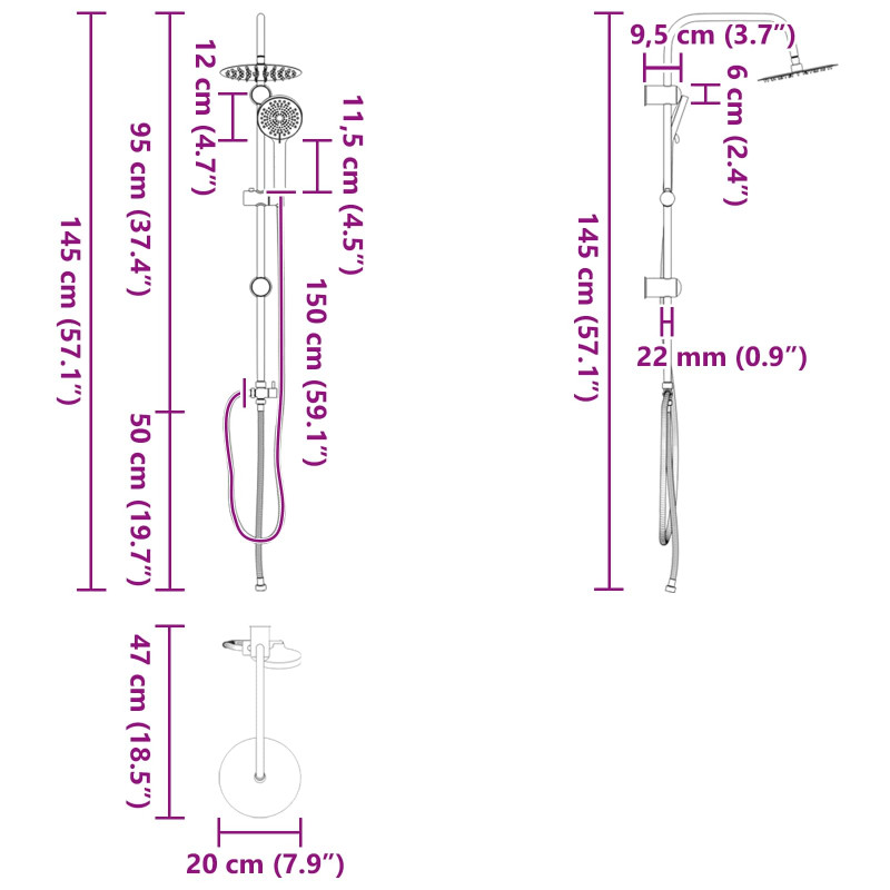 System Prysznicowy Czarny 47 x 20 x 95 cm Stal nierdzewna