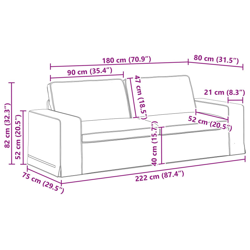 Sofa Czarny 222 x 80 x 82 cm tkanina