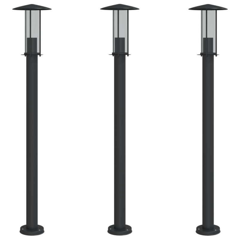 Lampy ogrodowe na słupku, 3 szt., czarne, 100 cm, stal
