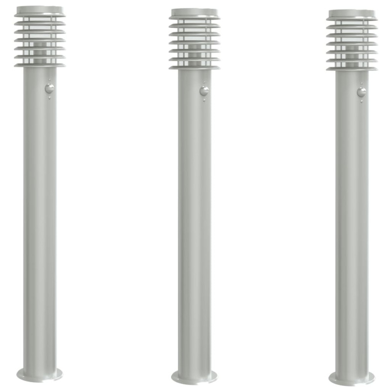 Lampy ogrodowe na słupku, z czujnikiem, 3 szt., srebrne, 110 cm