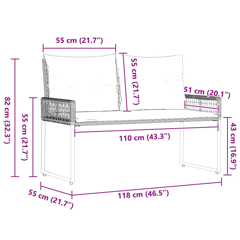 Ławka ogrodowa Szary 118 x 55 x 82 cm Rattan PE i tkanina