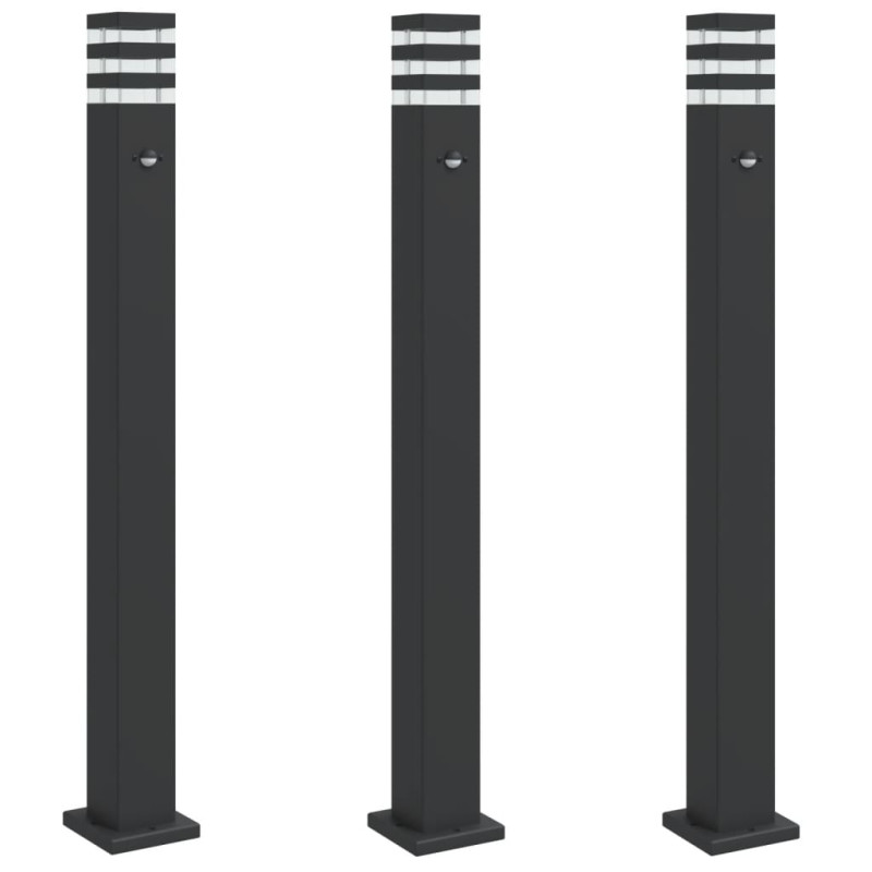 Zewnętrzne lampy stojące, z czujnikami, 3 szt., czarne, 110 cm
