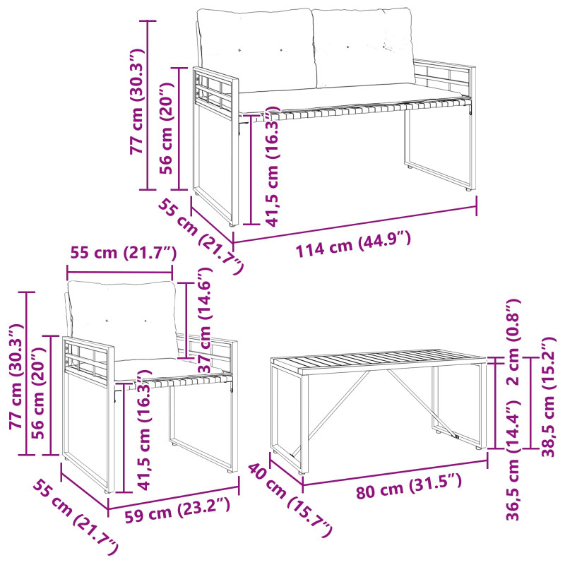 Zestaw Mebli Ogrodowych z poduszką 4 pcs Ciemny szary