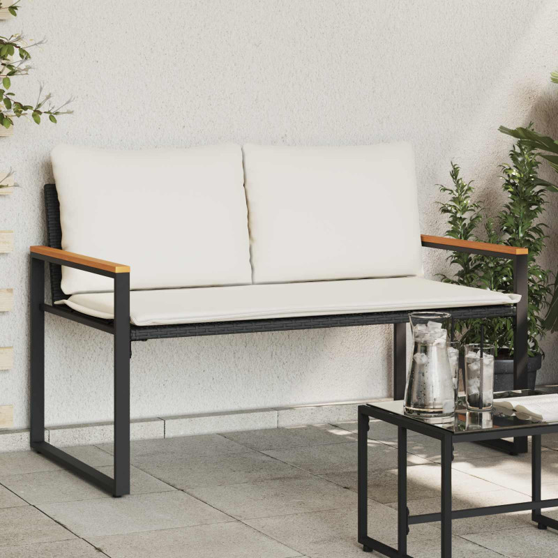 ławka z poduszką Czarny i kremowo-biały 115 x 65 x 72 cm rattan