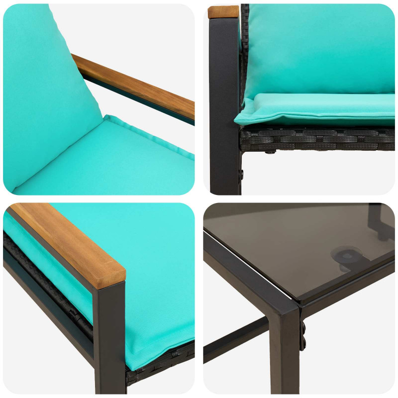 Zestawy mebli z poduszką 3 pcs Czarny i Turkusowy rattan