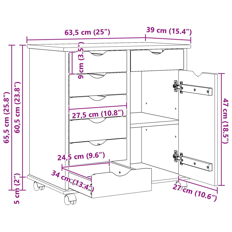Rolkowa szafka Biały 63,5 x 39 x 65,5 cm Lite drewno sosnowe