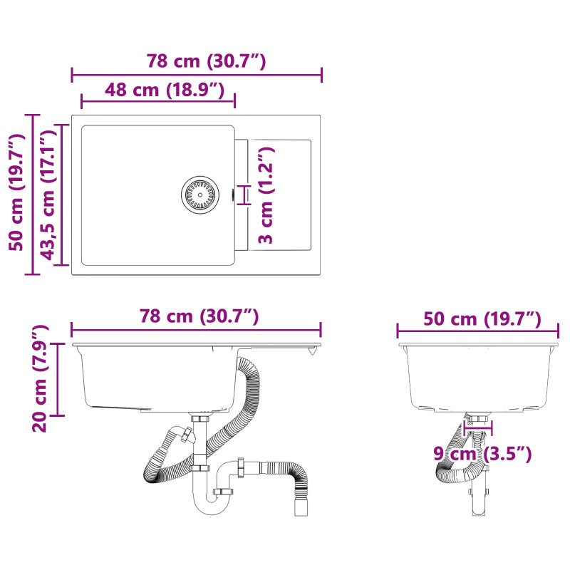 Zlew Szary 780 x 500 mm 80% Kwarc i 20% Żywica