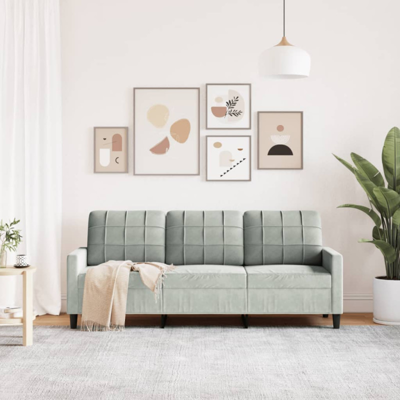 Sofa 3-osobowa, jasnoszara, 180 cm, tapicerowana aksamitem