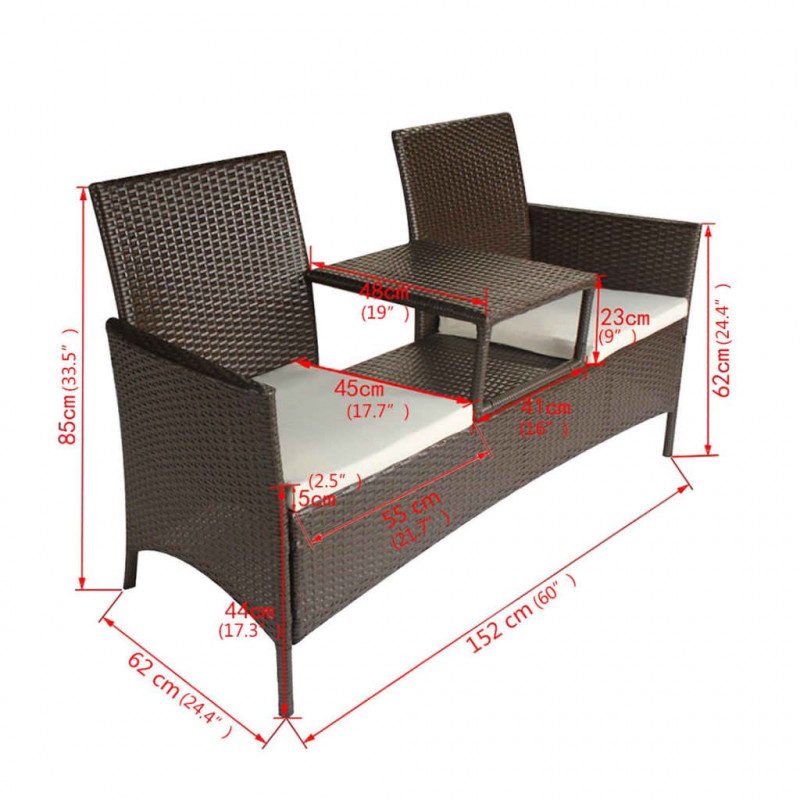 Dwuosobowa sofa ogrodowa ze stolikiem, rattan PE, brązowa